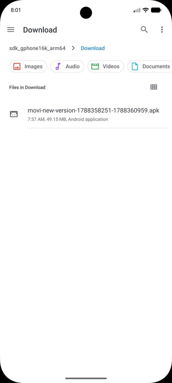 Downloads folder showing the MoVi APK file