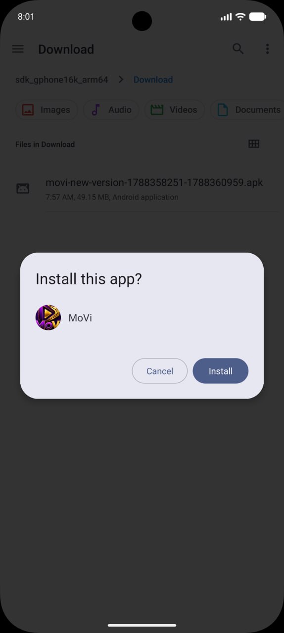 MoVi APK installation prompt with Install button