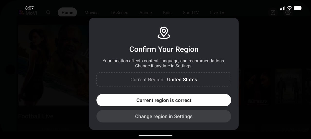 MoVi region confirmation screen