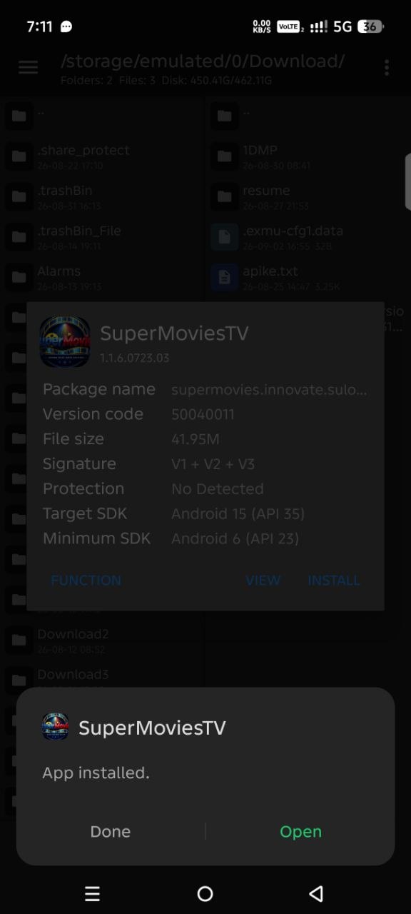 Successful installation prompt with Open button