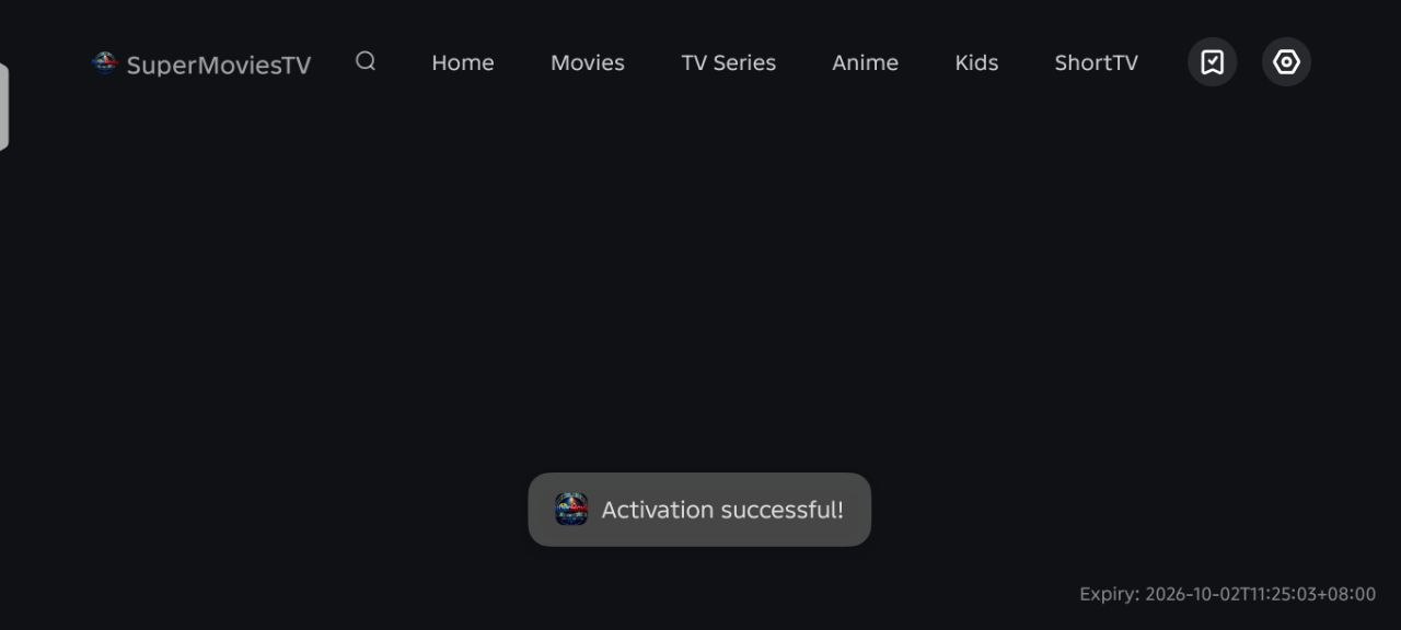 SuperMovies activation successful screen