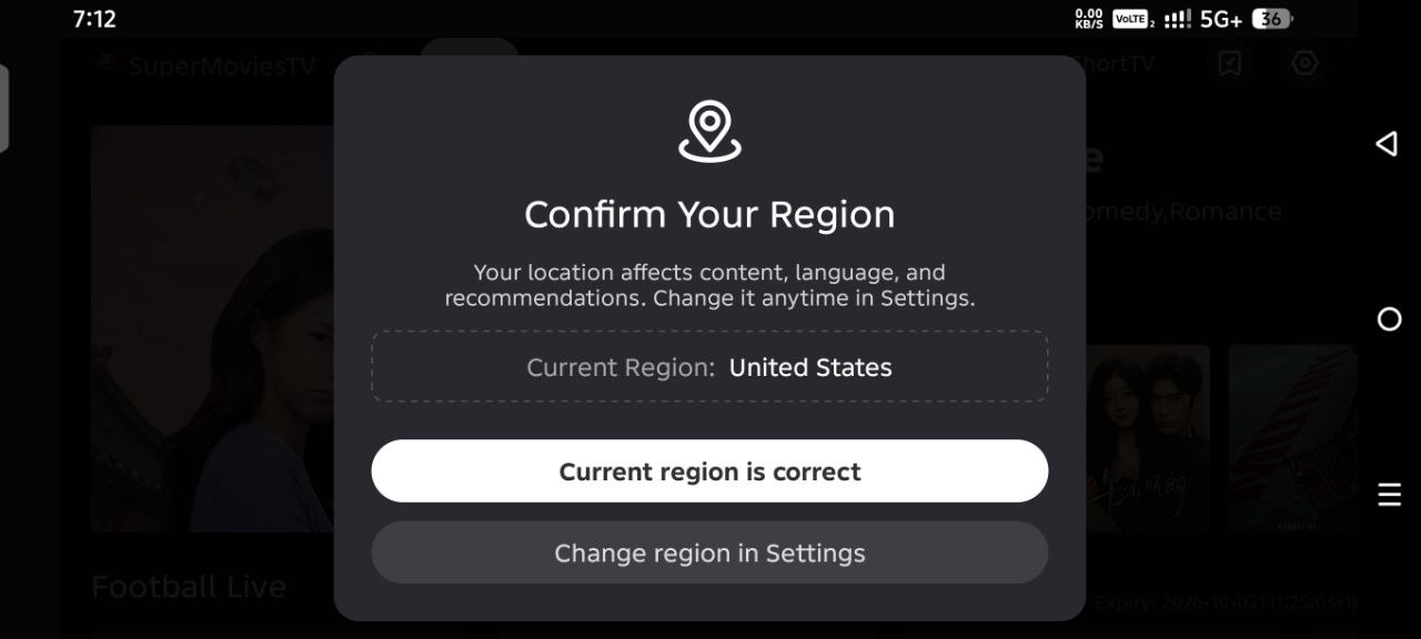 SuperMovies region confirmation screen